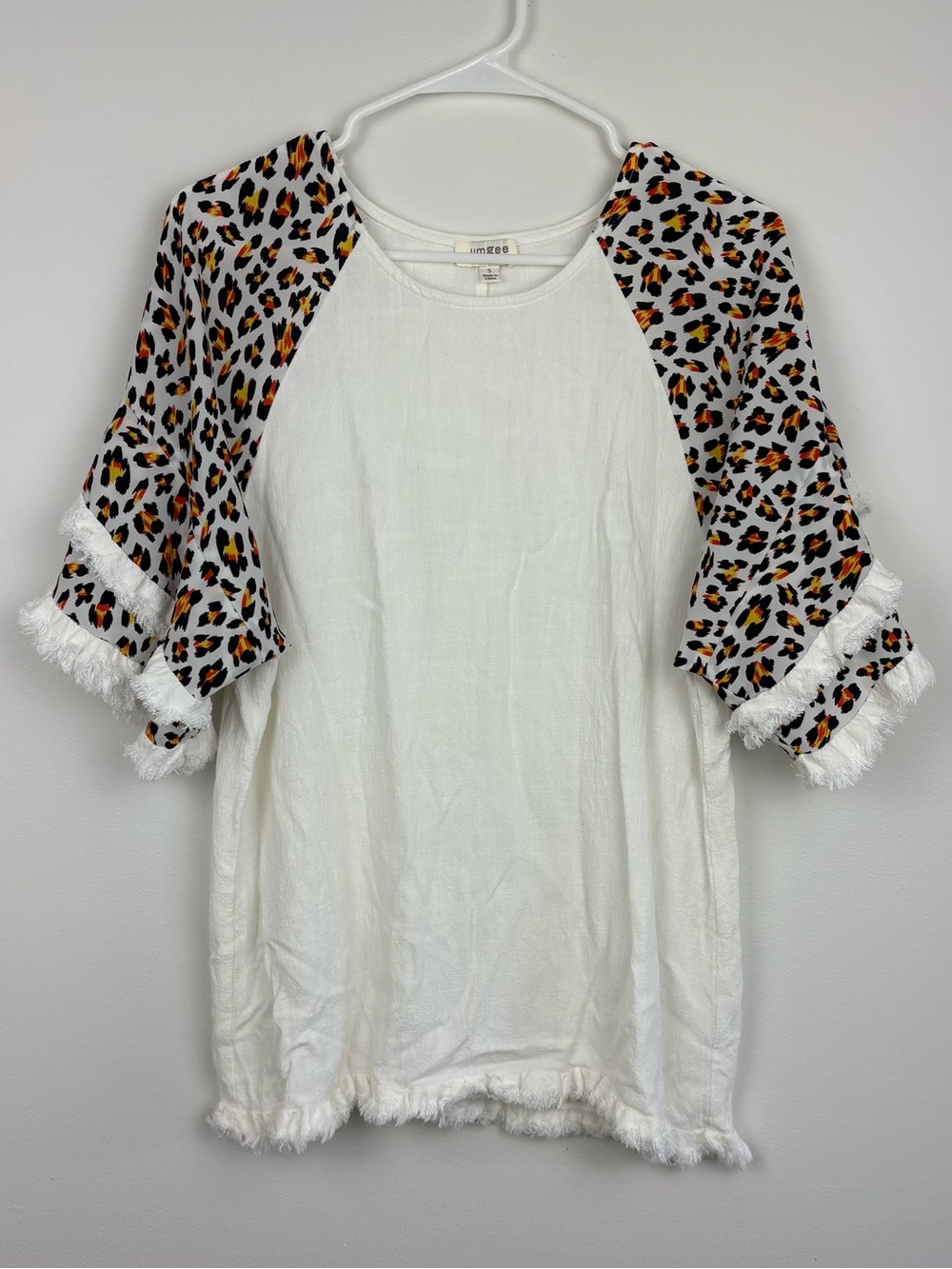 Umgee White Linen/Cotton Top w/ Animal Print Sleeves Small EUC Boho Eclectic